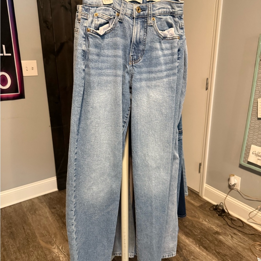 Blue Straight Leg Denim Jeans with Distressed Look